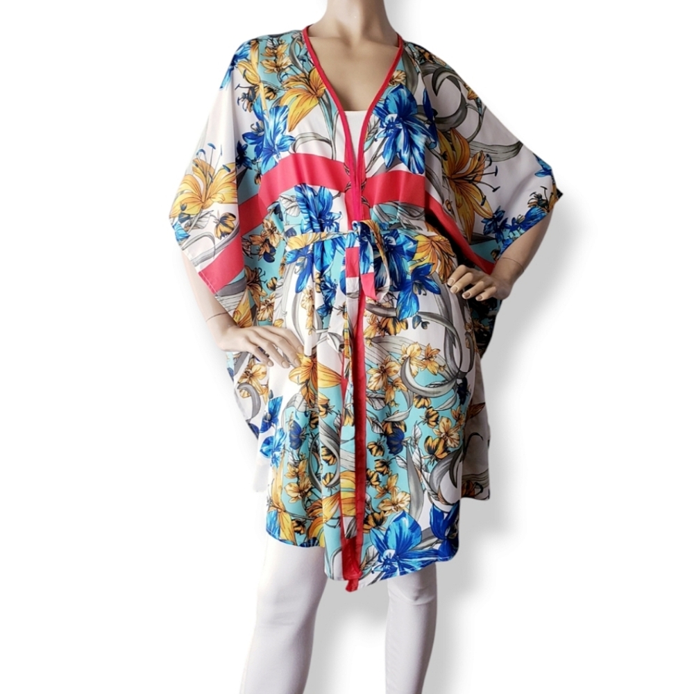 J&M Clothing Red & Blue Floral Print Waist Tie Oversized Kimono Duster-Small